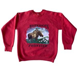 Vintage 90s Cotton Crewneck Red Northern Frontier Moose Sweater